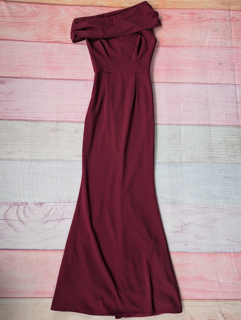Katie May Burgundy Hannah Off The Shoulder Crepe Trumpet Gown 2